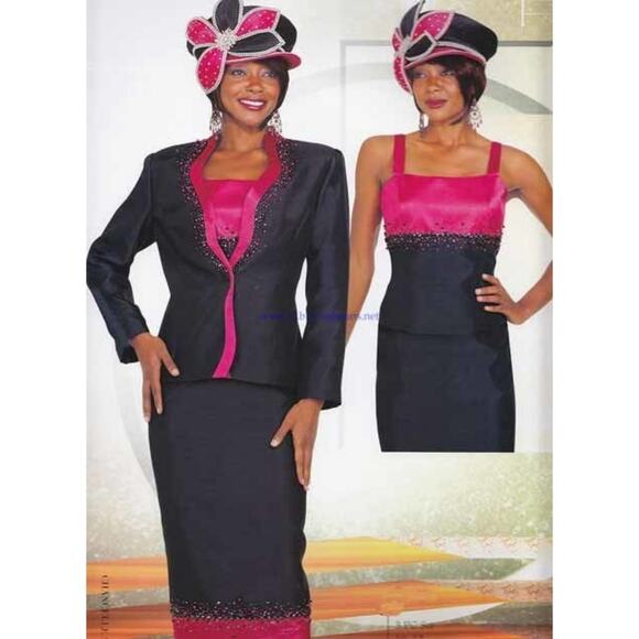 Chancelle Church Suit 16115 Navy with Fuchsia Jacket Top Skirt size 18 - Picture 1 of 14